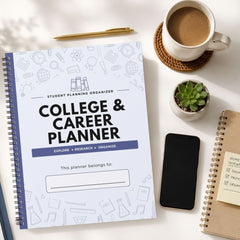 A spiral-bound College & Career Planner notebook is shown in a styled flat-lay arrangement on a white desk, surrounded by a coffee cup, a pen, a small succulent, a smartphone, and another notebook.