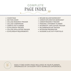 A digital preview of a complete page index for a planner, featuring a bulleted list of included pages such as resume builder worksheets, career exploration worksheet, and personal statement planner on a light beige background.