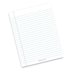 A single sheet of lined notepad paper shown at an angle on a clean white background. The page is white with thin light blue horizontal lines, a thin red margin line, and small printed text at the bottom reading www.