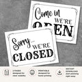 Printable Open and Closed decorative sign set featuring matching black and white business door signs with elegant typography for storefronts, offices, boutiques, salons, and retail businesses.