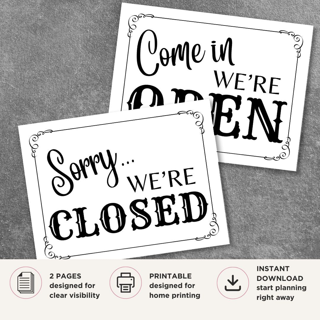 Printable Open and Closed decorative sign set featuring matching black and white business door signs with elegant typography for storefronts, offices, boutiques, salons, and retail businesses.