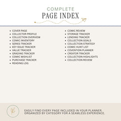 A page index planner insert template with a beige background, featuring a title at the top and two columns of bullet points listing various tracker pages such as collection overview, comic inventory, series tracker, and storage tracker.