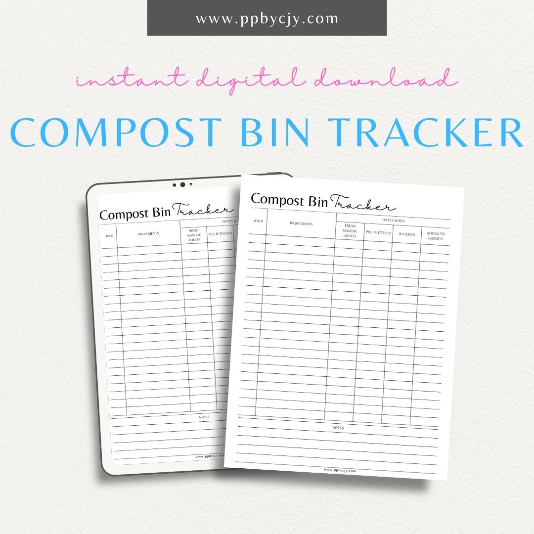 Compost Bin Tracker Printable PDF Template for tracking compost materials, balance, and progress

