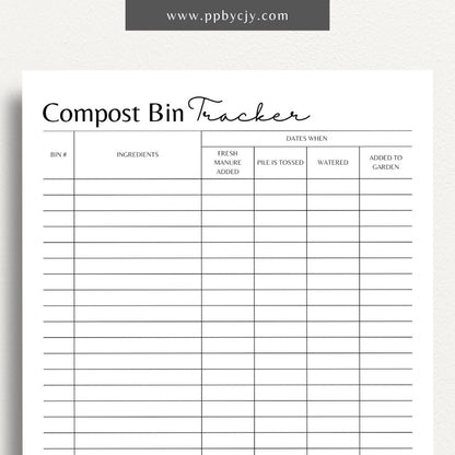 Compost Bin Tracker Printable PDF Template for tracking compost materials, balance, and progress

