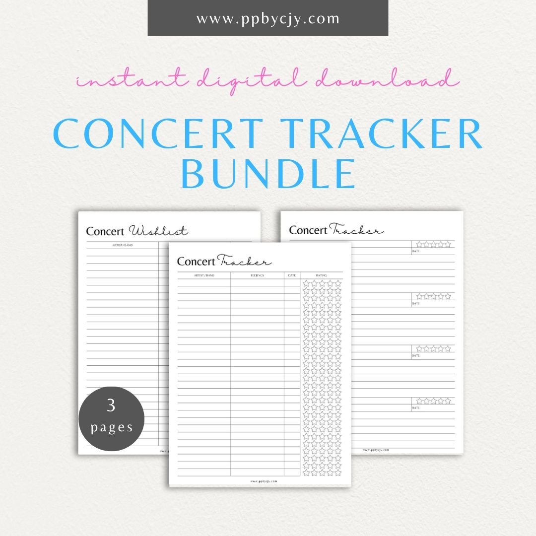 Concert Tracker Bundle Printable PDF Templates for tracking tickets, setlists, and concert memories

