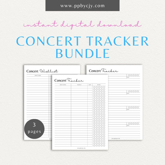 Concert Tracker Bundle Printable PDF Templates for tracking tickets, setlists, and concert memories

