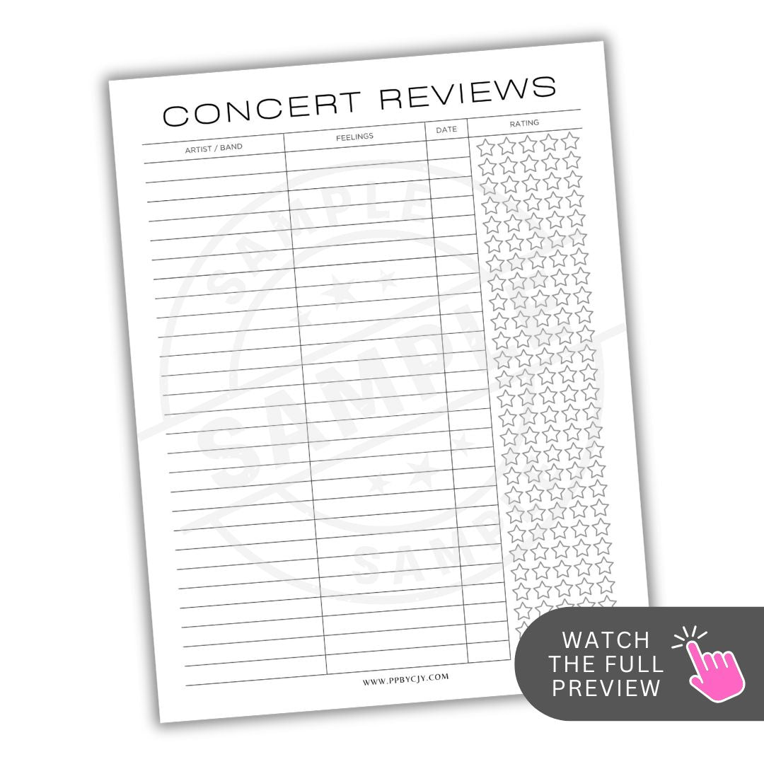 Sheet for concert reviews with columns for artist, feelings, date, and star rating on a white background.