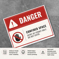 Printable Confined Space danger sign featuring a red warning design, restricted access symbol, and Entry By Permit Only message for confined space safety and access control.

