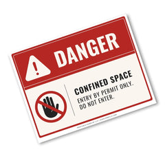 A rectangular warning sign with a red header reading DANGER, plus a white lower section that says CONFINED SPACE, ENTRY BY PERMIT ONLY, DO NOT ENTER, with a hand icon crossed out. The sign is shown at an angle on a plain white background.