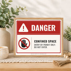 A framed warning sign with a red and white background reading “DANGER” and “CONFINED SPACE ENTRY BY PERMIT ONLY. DO NOT ENTER.
