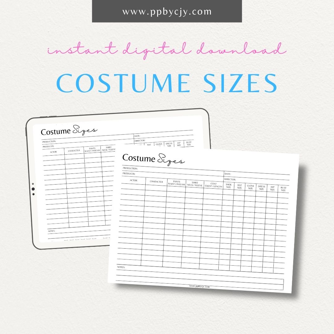 Costume Sizes Printable PDF Template for tracking and organizing measurements for costumes

