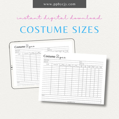 Costume Sizes Printable PDF Template for tracking and organizing measurements for costumes

