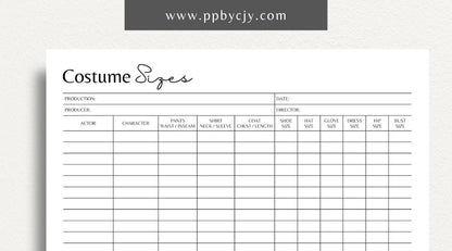 Costume Sizes Printable PDF Template for tracking and organizing measurements for costumes

