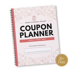 A spiral-bound coupon planner with a white cover featuring light pink budget and financial icons, bold black 'COUPON PLANNER' text, and a coral pink banner. A gold circular badge in the corner reads '20+ PAGES'.