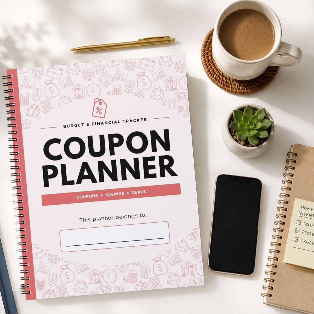 A spiral-bound Coupon Planner notebook lies on a white desk surrounded by a cup of coffee, a small potted succulent, a smartphone, and another notebook. The planner cover is white with pink budget and finance icons, large black 'COUPON PLANNER' text, and a coral-red horizontal bar.