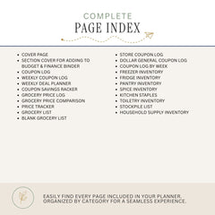 A digital preview of a planner insert page index titled 'COMPLETE PAGE INDEX' with a bulleted list of included pages and categories, presented on a light beige background.