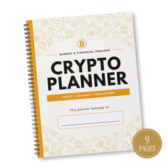 A spiral-bound Crypto Planner notebook with a white cover decorated with gold financial icons, featuring bold black text and a gold accent bar. A gold circular badge in the bottom right corner reads '9 PAGES'.