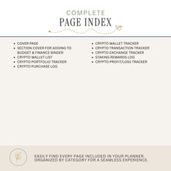 A digital preview of a complete page index for a crypto planner, showing a list of included pages such as a cover page, budget & finance binder, wallet trackers, and purchase log on a light beige background.