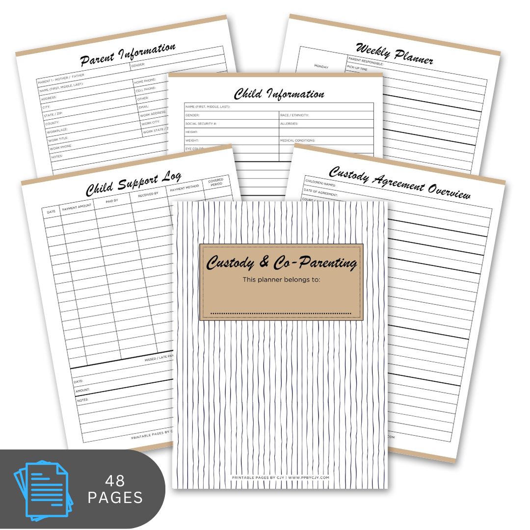Collection of custody and co-parenting planner pages on a white background