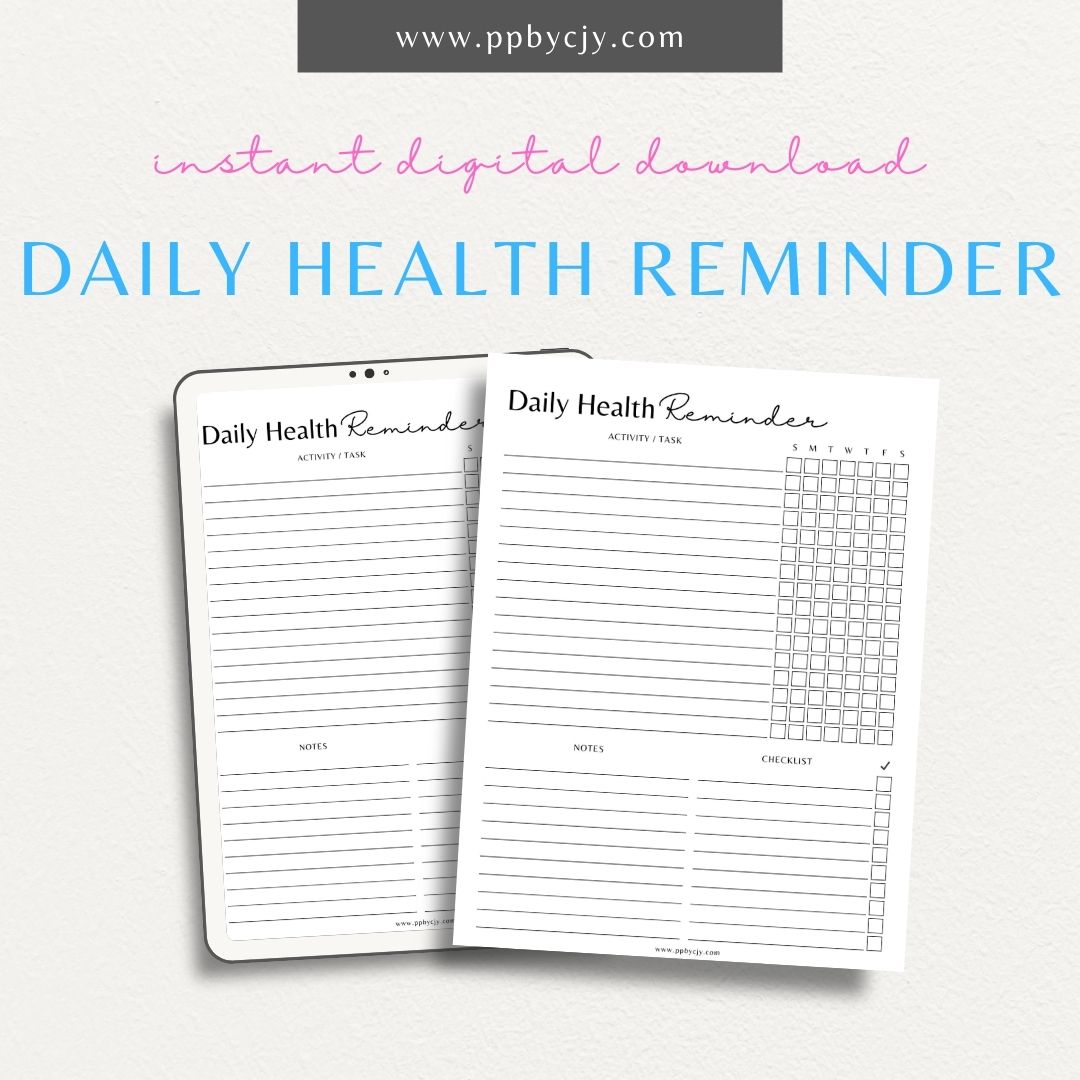 Daily Health Reminder Printable PDF Template for tracking wellness, hydration, medications, and self-care routines

