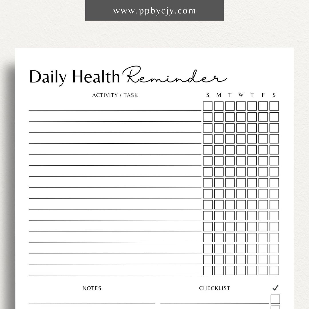 Daily Health Reminder Printable PDF Template for tracking wellness, hydration, medications, and self-care routines

