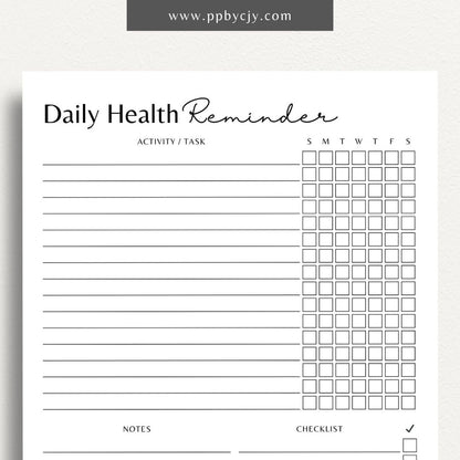 Daily Health Reminder Printable PDF Template for tracking wellness, hydration, medications, and self-care routines

