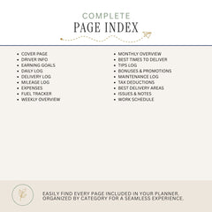 A page index graphic for a planner, showing a bulleted list of included pages such as cover page, driver info, daily log, mileage log, expense tracker, monthly overview, tips log, bonuses and promotions, maintenance log, tax deductions, best delivery areas, issues & notes, and work schedule on a light beige background.