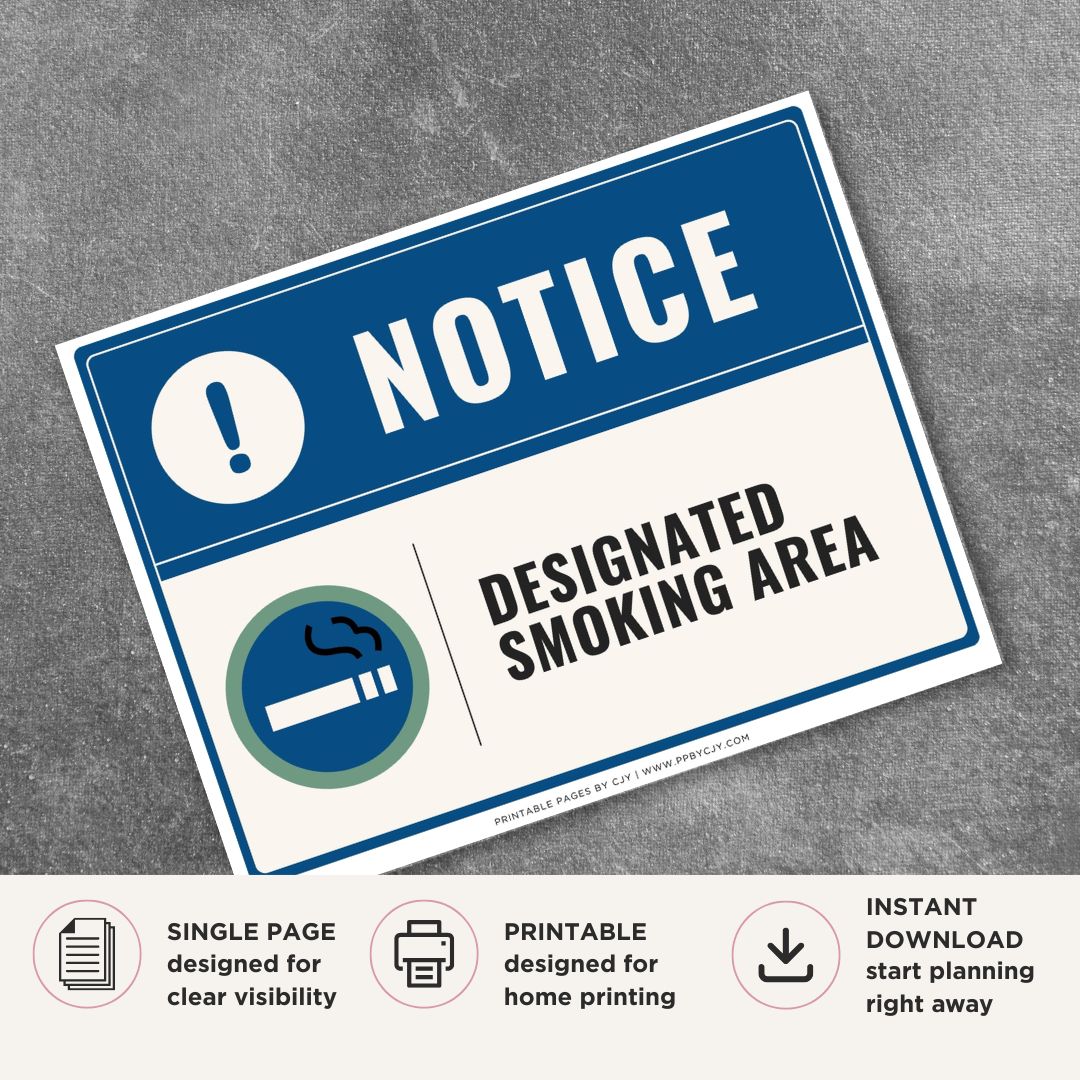 Printable Designated Smoking Area notice sign featuring a professional blue notice design, smoking symbol, and designated smoking zone message for workplaces and commercial properties.

