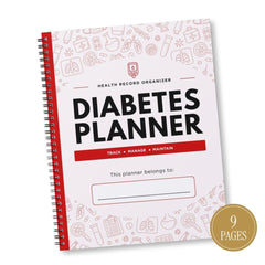 A spiral-bound Diabetes Planner shown at an angle on a white background. The cover is white with red accents, black title text, and faint red medical icons.