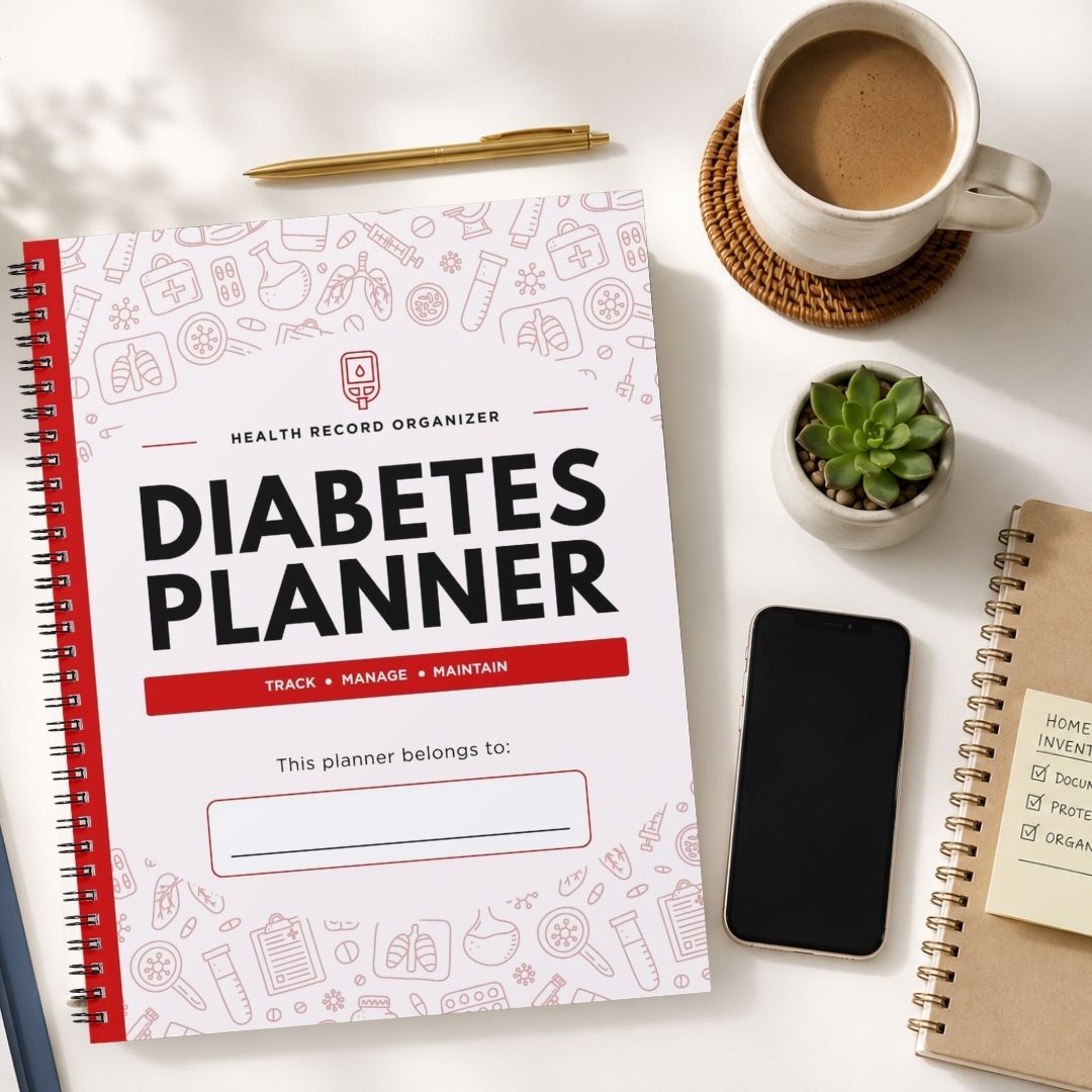 A spiral-bound Diabetes Planner notebook is shown in a styled flat-lay arrangement on a white surface, surrounded by a coffee cup, a pen, a small succulent, a smartphone, and another notebook.