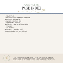 A beige and white page index cover for a diabetes planner, listing included pages such as cover page, blood glucose log, insulin injection log, carb intake tracker, hypoglycemia / hyperglycemia tracker, AIC tracker, diabetes care checklist, and blood sugar pattern tracker.