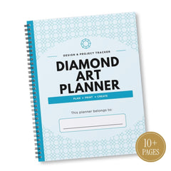 Diamond Art Planner spiral-bound notebook with a light blue and white geometric patterned cover, black text, and a gold '10+ PAGES' badge on the bottom right.