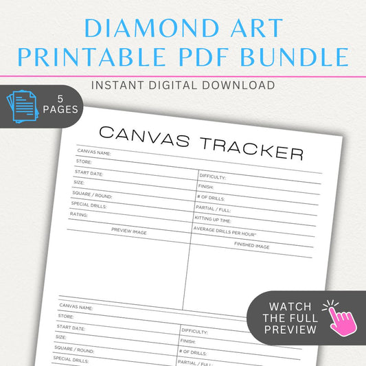 Diamond painting printable PDF bundle with 5 pages, including a wishlist, canvas log, drill color tracker, project review sheet, and progress tracker.