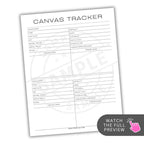 Canvas tracker sheet with columns for canvas name, store, start date, finish, size, square/round, difficulty, number of drills, rating, preview image, and finished image.