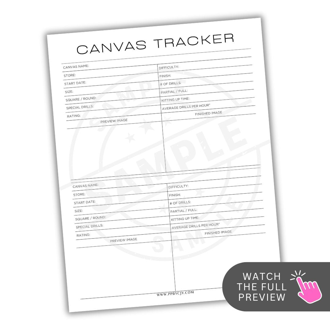 Canvas tracker sheet with columns for canvas name, store, start date, finish, size, square/round, difficulty, number of drills, rating, preview image, and finished image.