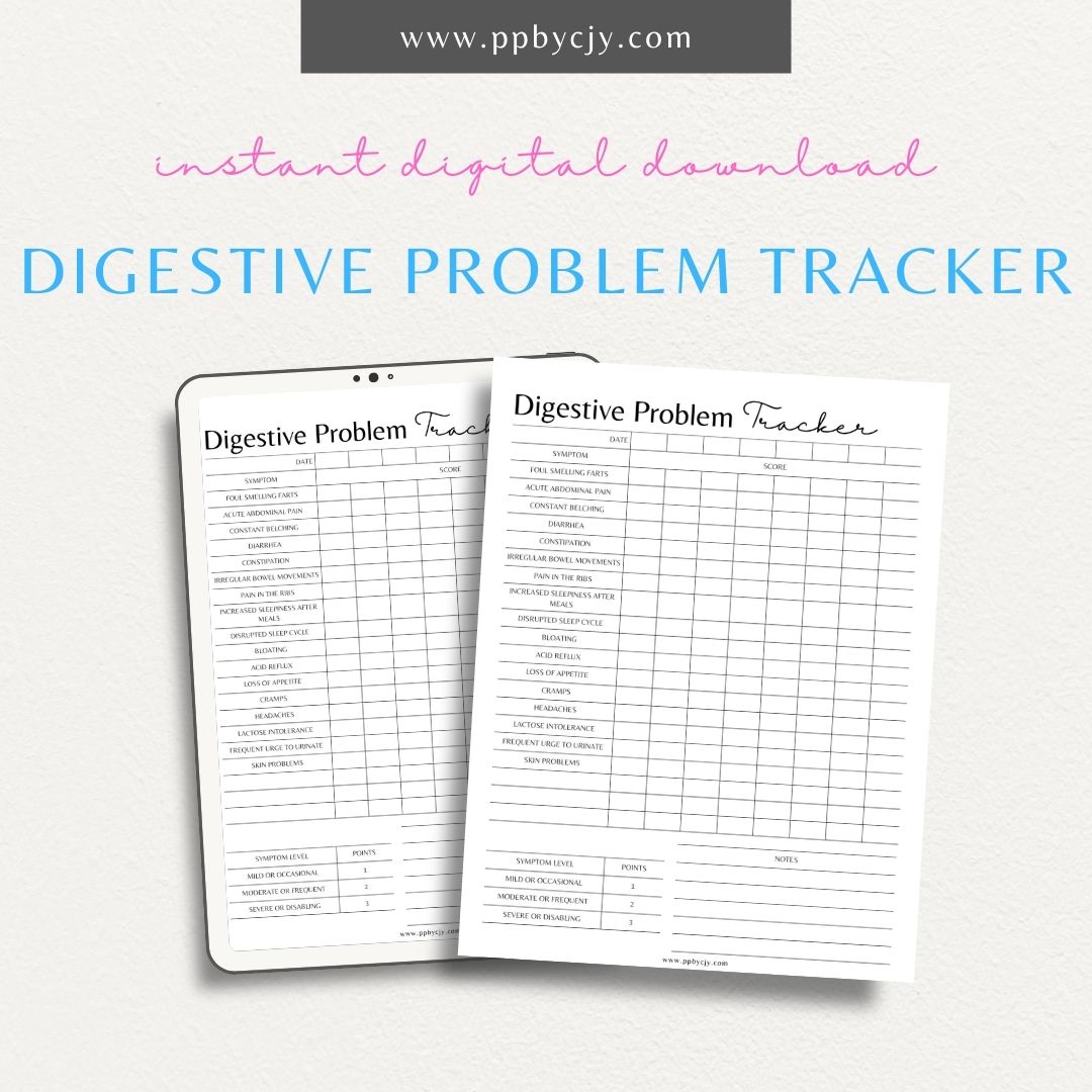 Digestive Problem Tracker Printable PDF Template for monitoring meals, symptoms, and digestive health patterns

