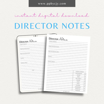 Director Notes Printable PDF Template for managing production details, scene notes, and cast instructions
