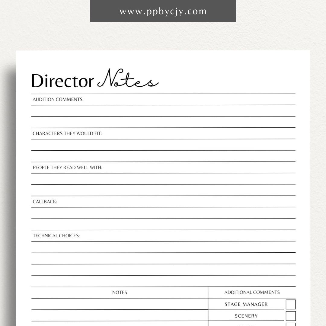 Director Notes Printable PDF Template for managing production details, scene notes, and cast instructions

