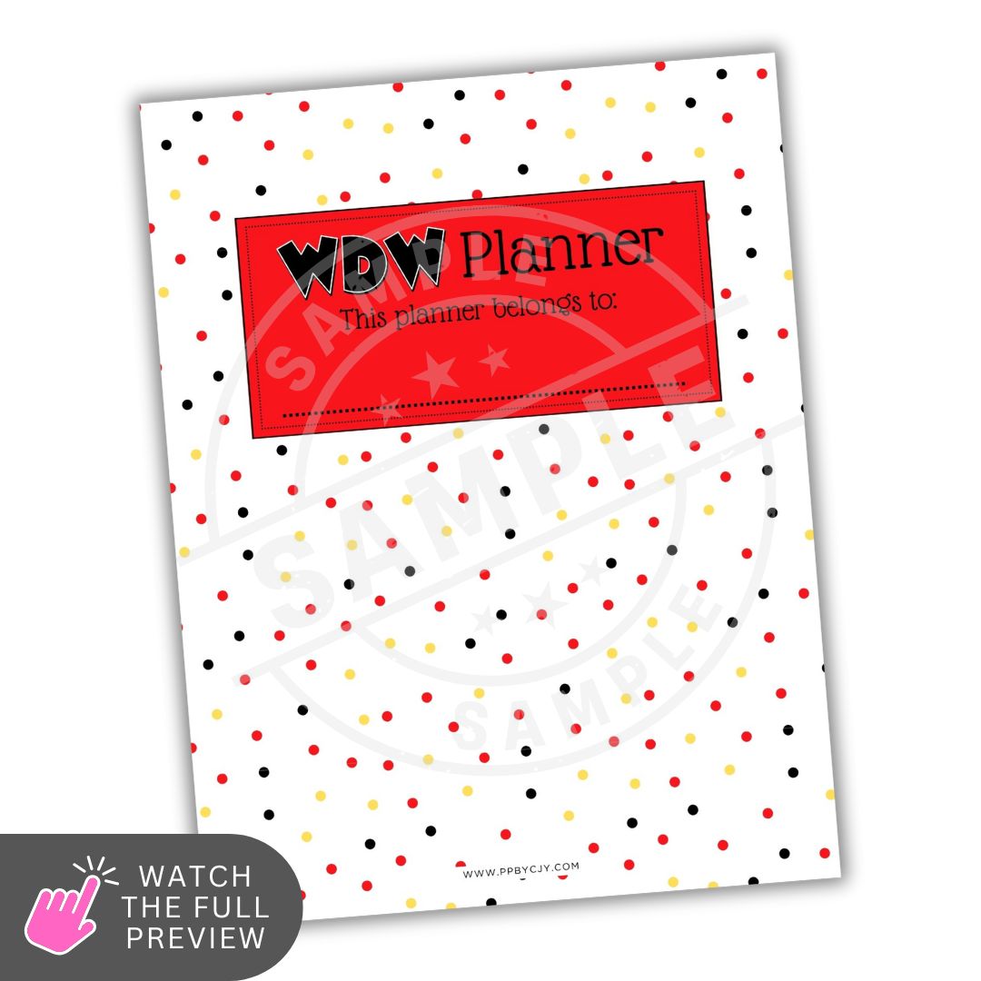 Polka dot planner with a red label reading 'WDW Planner' on a white background