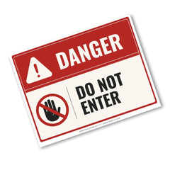 A rectangular warning sign with a red header reading DANGER and a white lower section that says DO NOT ENTER, plus a hand-in-circle-with-slash icon. The sign is shown at an angle on a plain white background.