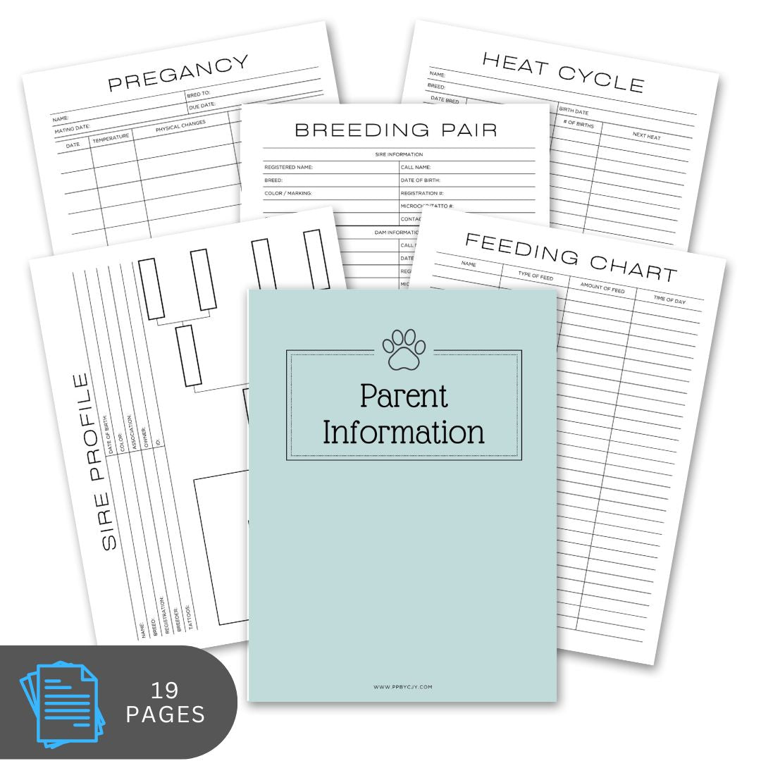 Collection of pet care forms with a central 'Parent Information' folder.