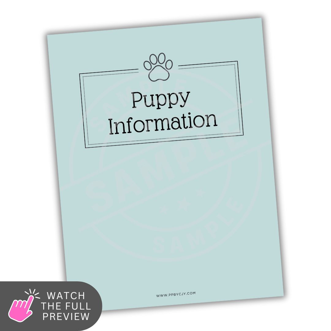 Light blue planner with 'Puppy Information' text and a paw print icon on a white background.