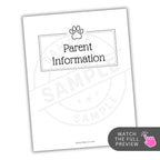 Sheet with 'Parent Information' text and paw print icon on a white background