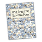 Book titled 'Dog Breeding Business Plan' with dog pattern cover