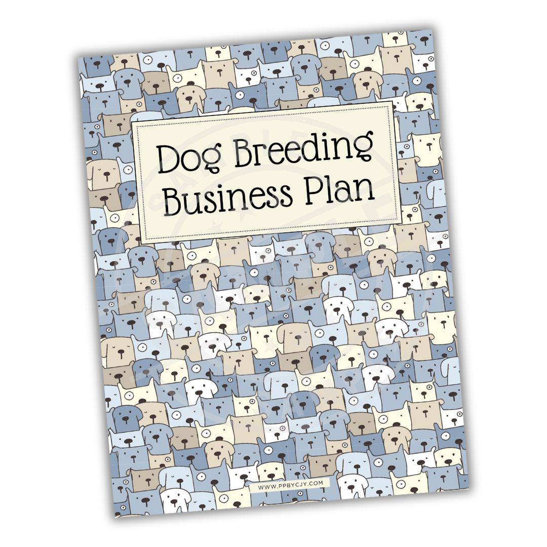 Book titled 'Dog Breeding Business Plan' with dog pattern cover