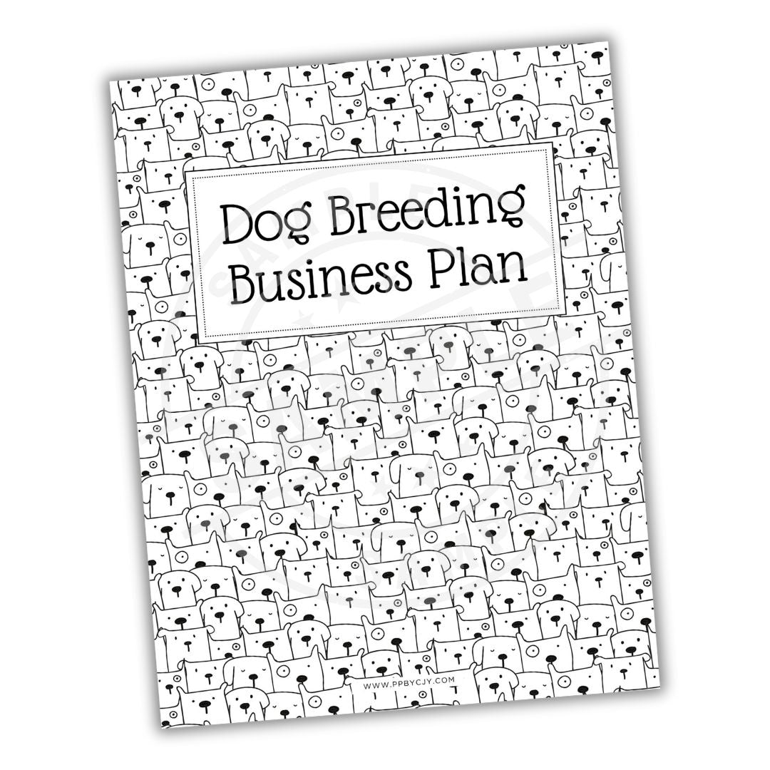 Dog Breeding Business Plan document with dog pattern on a white background
