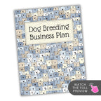 Book titled 'Dog Breeding Business Plan' with dog pattern cover