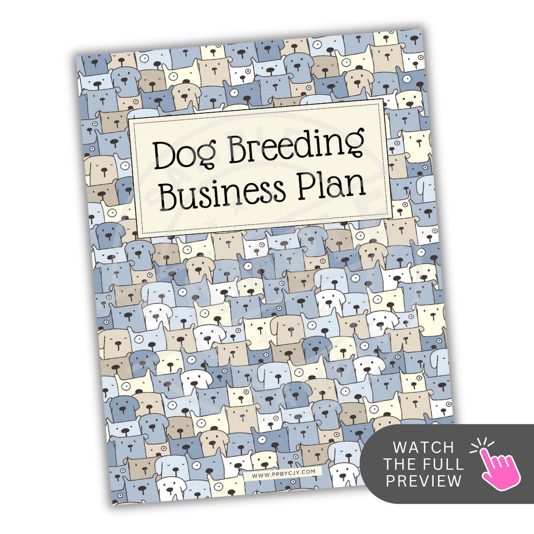 Book titled 'Dog Breeding Business Plan' with dog pattern cover