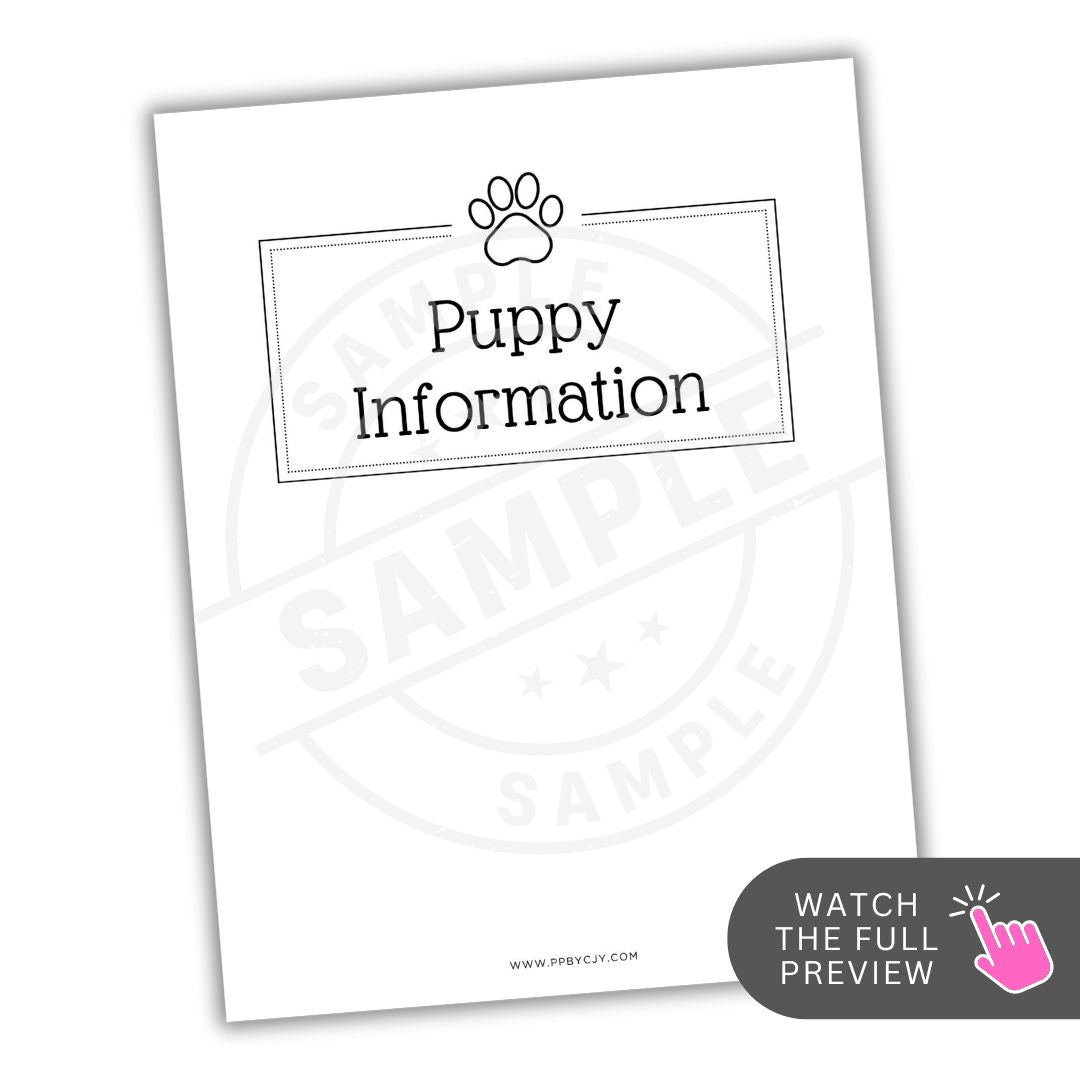 Sheet with 'Puppy Information' text and paw print on a white background