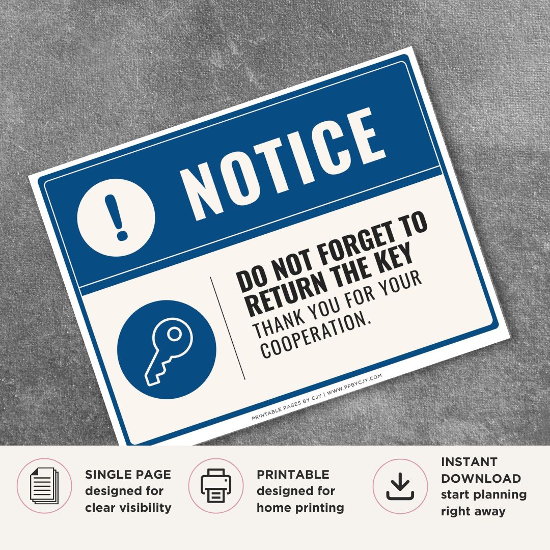 Printable Do Not Forget to Return the Key notice sign featuring a professional blue notice design, key symbol, and reminder message for hotels, offices, rental properties, and key management.
